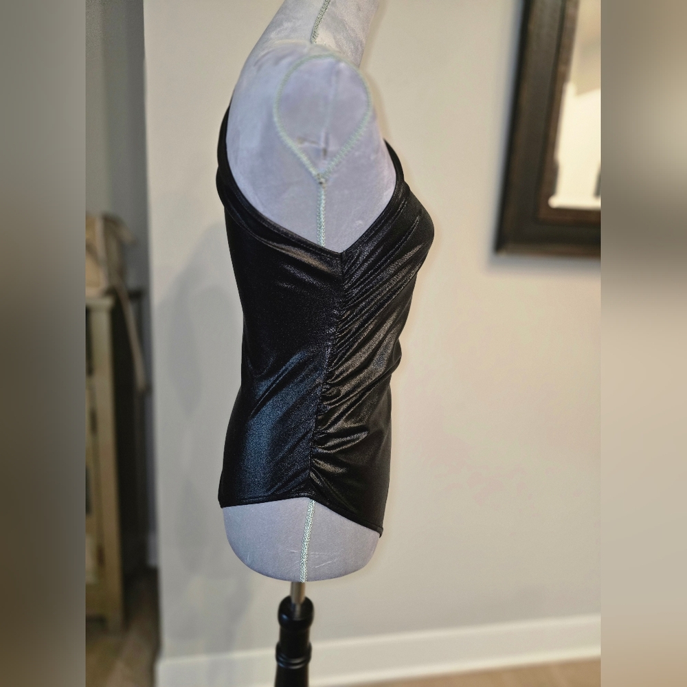 Women's Casual Faux Leather One Shoulder Bodysuit Asymmetrical Neck Sleeveless - Picture 11 of 13